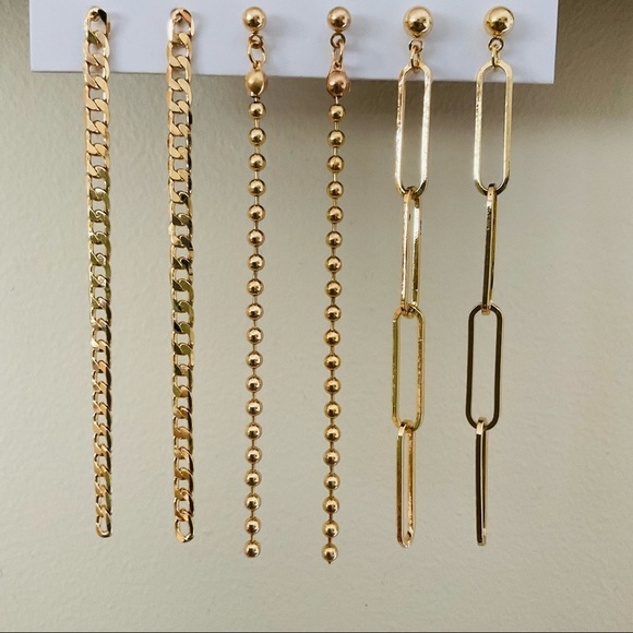Set of 3 Linear Dangle Drop Gold Earrings - Picture 4 of 6
